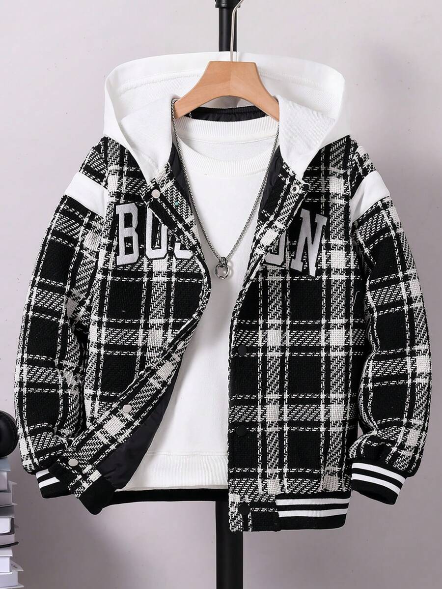 Tween Boys' Casual Black & White Plaid Letter Print Hooded Jacket, Suitable For Spring & Autumn Outings - Multicolor - View 1