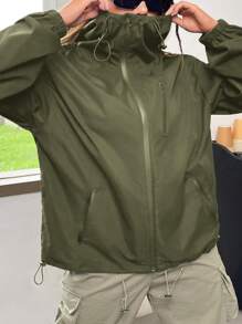 Muchica 女士秋季拉链高领多口袋连帽风衣夹克 - 軍綠色 - 查看 6