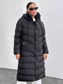 SHEIN Cottnline Manteau matelassé long avec capuche pour femmes, avec fermeture à glissière et poches détaillées - Noir - Voir 3