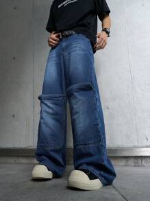 Manfinity EMRG 男士休闲日常秋季水洗猫须设计宽松阔腿牛仔裤纯色深蓝色宽松深色水洗牛仔裤，送给老公、男朋友的礼物 - 藍色 - 查看 3