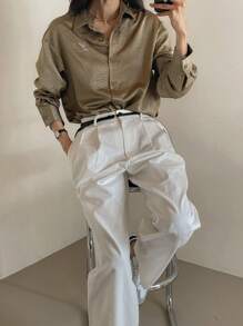 DAZY 女式仿麂皮柔软刺绣宽松长袖上衣 - 棕色 - 查看 5