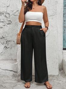 SHEIN VCAY Plus Size Apricot Linen Pocket Women Summer Pants - Black - View 5