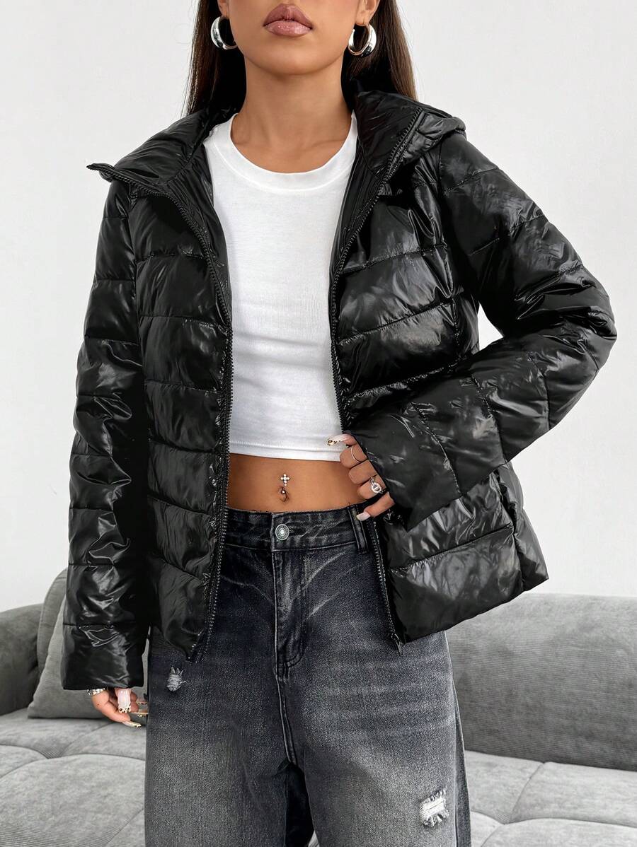 SHEIN EZwear 女士纯色长袖休闲连帽羽毛羽绒夹克，冬季 - 黑色 - 查看 1