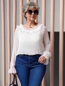 EMERY ROSE Plus Size Women White Mom Splice Ruffle Trim Raglan Sleeve Elegant Blouse,Winter Women Clothes