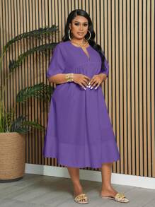 Slaydiva 女式加大码宽松纯白色短袖船领 A 字形及膝连衣裙，适合优雅、通勤、度假和日常穿着，春夏 - 紫色 - 查看 4