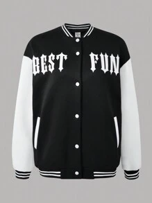 SHEIN 1 chiếc áo khoác bomber tay dài in chữ nhiều màu cho bé gái tuổi teen - Đen và trắng - Xem 3