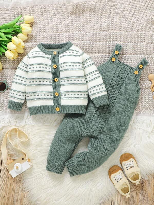 SHEIN Vintaside Kids 2pcs Baby Boys Knit Outfits: Long Sleeve Striped Cardigan, Vest And Jumpsuit Overalls Set. Soft, Breathable Fabric, Fashionable Casual Look