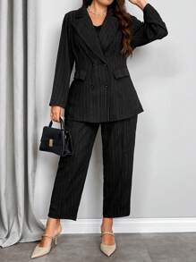 SHEIN Privé 大码优雅办公及正装纹理双排扣西装外套和裤子 2 件套西装套装