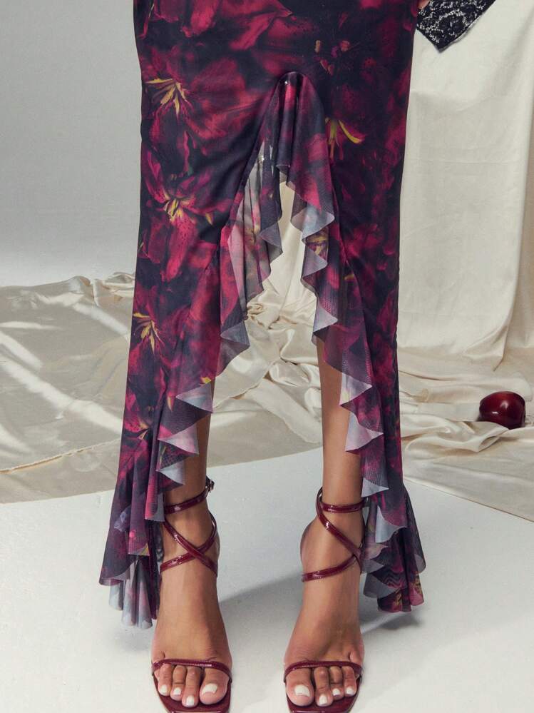 SHEIN Unity 花卉印花荷叶边下摆鱼尾裙 - 彩色 - 查看 6