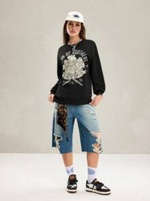 TEENAGE MUTANT NINJA TURTLES | SHEIN 女式休闲卡通圆领长袖图案黑色卫衣，秋冬 - 黑色 - 查看 1