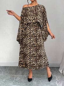 SHEIN Unity 1 件大码女式不对称领口荷叶边下摆豹纹时尚连衣裙长款女装 - 彩色 - 查看 3