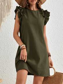 EMERY ROSE 女式纯色荷叶边度假迷你连衣裙