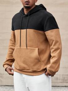 Manfinity Homme Plus Size Men's Autumn & Winter Colorblock Drawstring Hooded Sweatshirt With Pockets