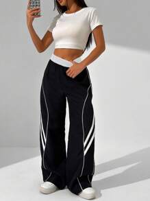 StreetHx Women's Casual Elastic Waist Contrast Piping Loose Wide Leg Pants