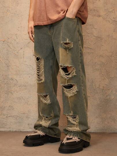 Grunge Punk جينز فضفاض ممزق على الطراز القديم للرجال