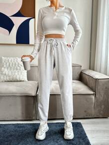 RueChic Drawstring Jogging And Casual Sweatpants With Slanted Pockets And Cuffed Ankle - Light Grey - View 5