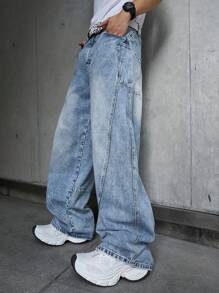 Manfinity Hypemode Jeans décontractés en denim lavé ample pour hommes, jeans bleus amples lavés unis. Idéal pour le mari, cadeau pour le petit ami