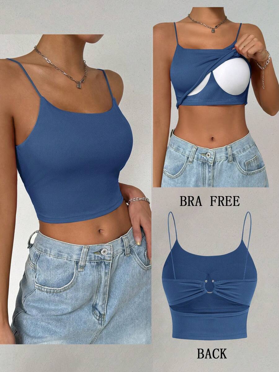 Flirla Camiseta sin espalda de unicolor con hebilla de metal acolchada, verano
