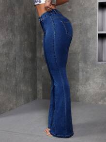 SHEIN ICON Jeans acampanados de mezclilla lavada para mujer de moda - Azul lavado oscuro - Ver 3