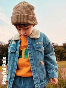 SHEIN 2 件装年轻男孩可爱/复古/休闲动物印花长袖羊毛领夹克和牛仔裤套装，适合居家和户外玩耍，春/秋/冬 - 藍色 - 查看 11