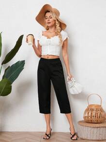 INAWLY Pantalones de mujer y pantalones capri casuales con cintura elástica, bolsillos dobles y corte afinado, pantalones acortados para primavera y otoño - Negro - Ver 3