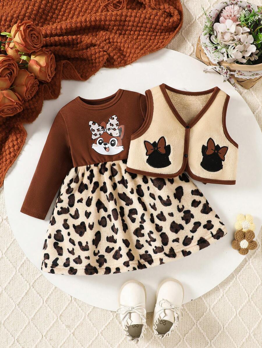2pcs Toddler Girls Leopard Print Kitty Embroidery Outfit, Plush Vest + Contrast Color Leopard Print Dress, Fall/Winter - Brown - View 1