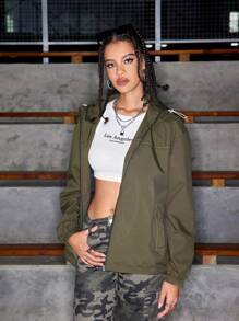 SHEIN Sports Women's Solid Color Long Sleeve Drawstring Hooded Loose Casual Sports Jacket - Army Green - View 5