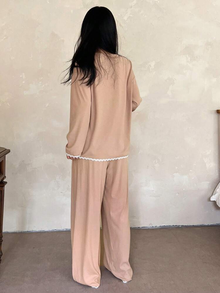 Lace Patchwork V-Neck Button Down Long Sleeve Top And Pants Knitted Pajama Set
