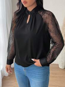 SHEIN Frenchy Elegant & Simple Black Lace Patchwork Plus Size Blouse, Fall/Winter - Black - View 7
