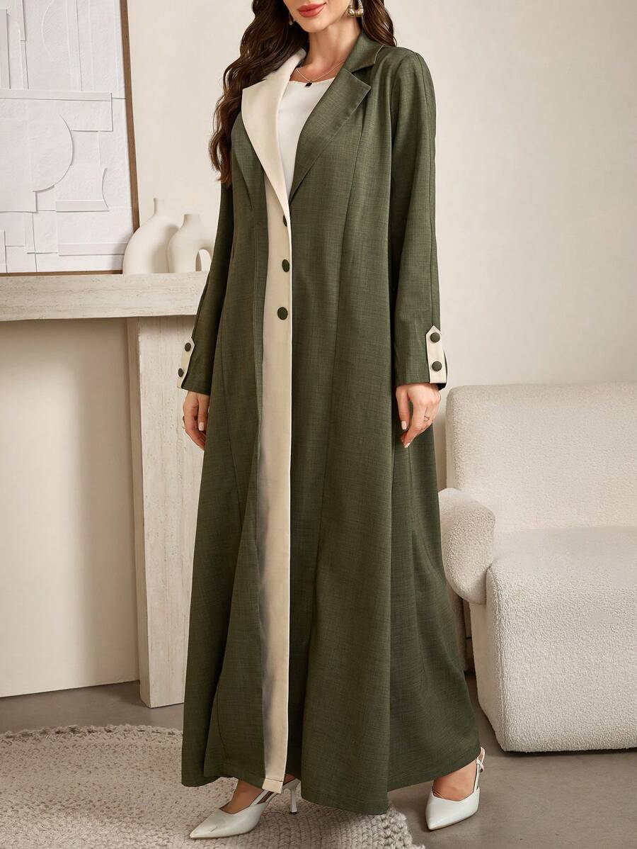 Al Najma Women's Front Button Contrast Color Elegant Modest Arabian Long Sleeve Arabian Abaya Robe - Green - View 1