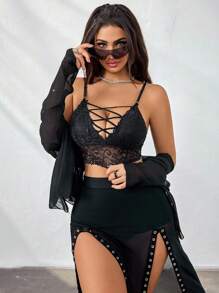 Lattice Front Lace Sexy Lingerie Bralette - Black - View 5