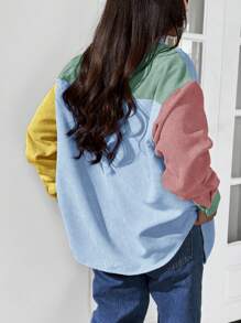 SHEIN EZwear Áo khoác nhung kẻ vá chữ vai trễ màu - Nhiều màu - Xem 2