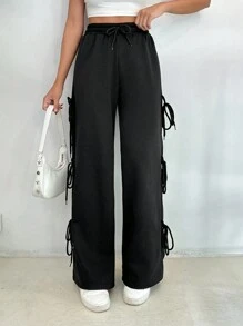 EURMUSE WIDE LEG LACK SWEATPANT WIT RIBBON DETAIL - Black - View 6