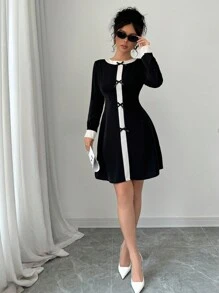 Chiquease Contrast Color Bow Tie Long Sleeve Mini Dress - Black - View 6
