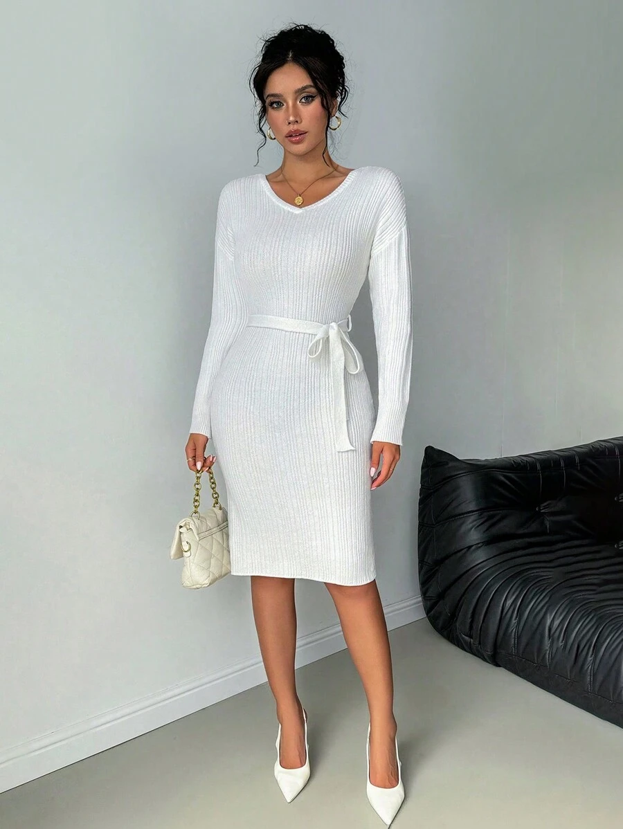 Chiquease Vestido de malha tubinho de manga longa, gola V, liso e casual para mulheres