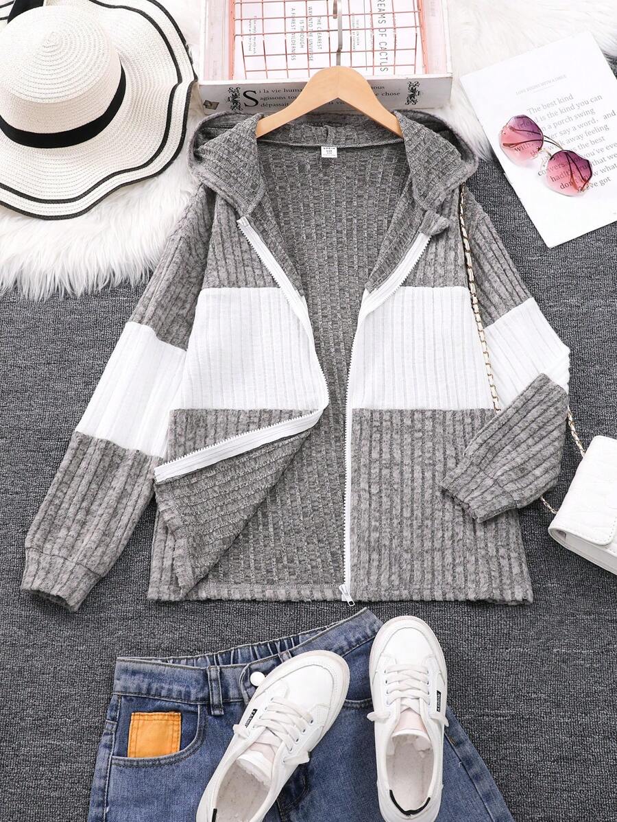 SHEIN 女童连帽条纹拼色长袖开衫夹克 - 灰色 - 查看 1
