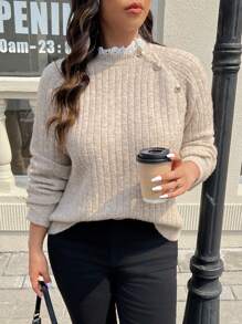 SHEIN Frenchy Plus Size Lace Patchwork Collared Button-Up Pullover Sweater, Autumn/Winter