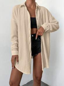 EURMUSE Solid Drop Shoulder Button Front Shirt - Khaki - View 1