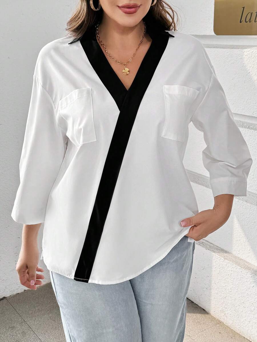 SHEIN Essnce Blusa de manga larga elegante de trabajo de moda casual de otoño nueva para mujer de talla grande, camisa blanca de manga larga con botones - Blanco - Ver 1