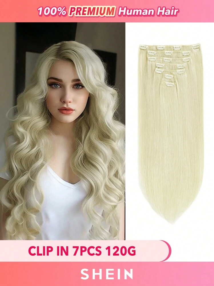 HQ Clip In Hair Extensions Real Human Hair 120g 7pcs Clip In Hair Extensions Lightest Blonde Clip Ins Hair Extentions SHEIN