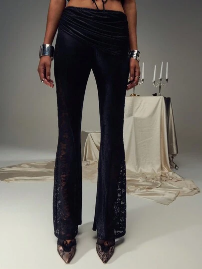 SHEIN Unity 低腰褶饰拼布蕾丝修身喇叭裤