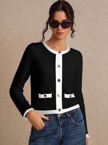 Poéselle 女款黑白拼色长袖饰金属纽扣前针织开衫，宽松优雅长袖羊毛针织开衫，短款长袖开衫，柔软保暖的针织上衣，小香风针织上衣，适合休闲、正式和优雅的场合，适合春秋季节