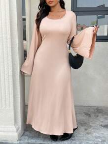 SHEIN Frenchy Plus Size Women's Square Neck Flare Sleeves Waist Cinched Long Dress - Apricot - View 5