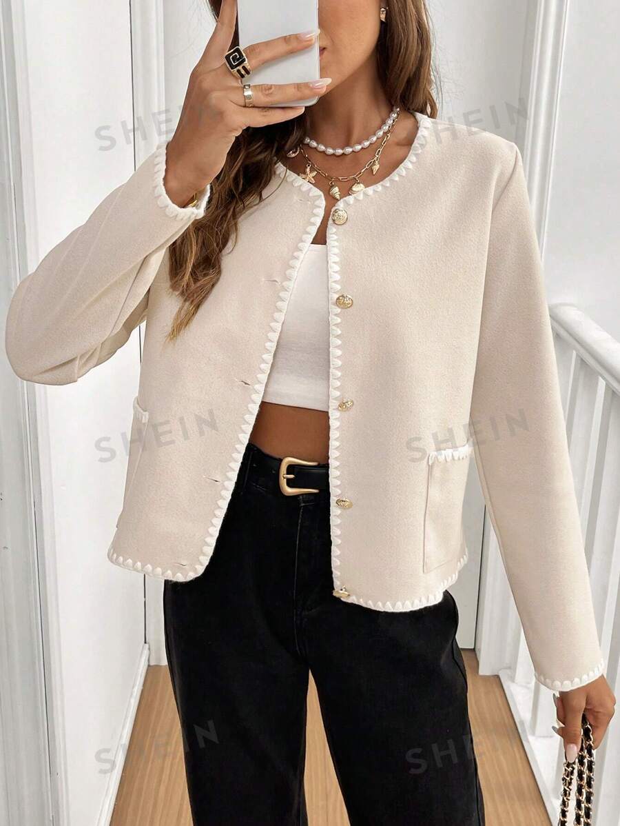 SHEIN Frenchy Chaqueta casual de mujer con bolsillo, abotonadura sencilla y ribete de pespunte en contraste para otoño/invierno