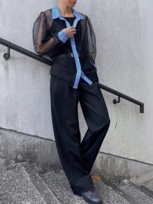 FRIFUL Women's Loose Fit Colorblock Puff Sleeve Shirt Sheer