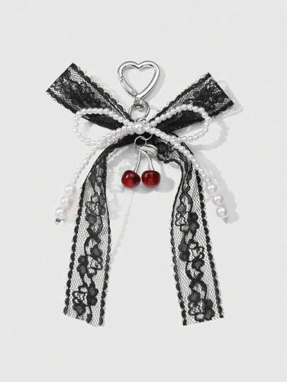 Kawaii 1pc Minimalist Cute & Stylish Dark Gothic Handmade Beaded White Faux Pearl Black Lace Bow Cherry Pendant Keychain For Women, Suitable For Daily Wear & Gifts Valentines, Halloween