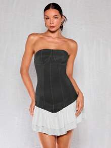 Glamine Gaun Wanita Tanpa Lengan Berlipit Asimetris dengan Hemline Berkerut, Model Tube, Cocok untuk Pesta dan Acara Kantor, Musim Semi/Panas/Gugur - Grey - View 4