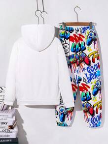 SHEIN Tween Boy 酷炫街头涂鸦字母与游戏图案长袖连帽衫和松紧腰裤套装，适合秋季/春季、户外玩耍、校园、街头风格、派对和休闲穿着，性价比高 - 彩色 - 查看 2