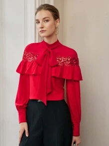MOTF PREMIUM TIE NECK SEQUIN DETAIL RUFFLE TRIM LANTERN SLEEVE BLOUSE