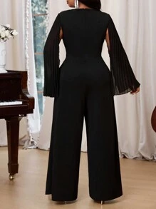 SHEIN Lady Eleganter schwarzer Jumpsuit mit Rundhalskragen, Glockenaärmeln und V-Ausschnitt in Große Größen für Herbst und Winter - Schwarz - Übersicht 2